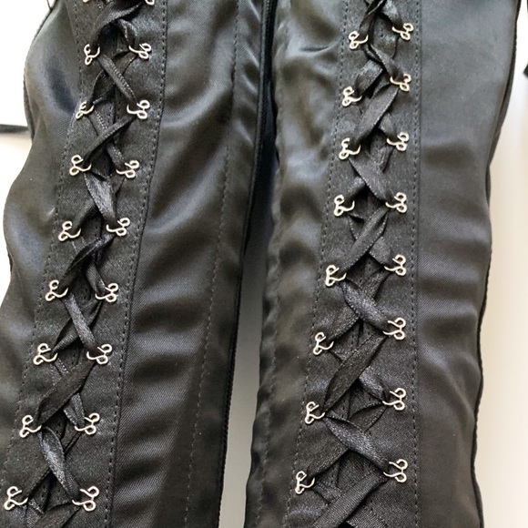 Black Satin Corset Lace-up Heeled Boots Sidezip 8 - Picture 7 of 15